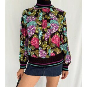 80s vintage multicolor floral print striped unique turtleneck sweater blouse top